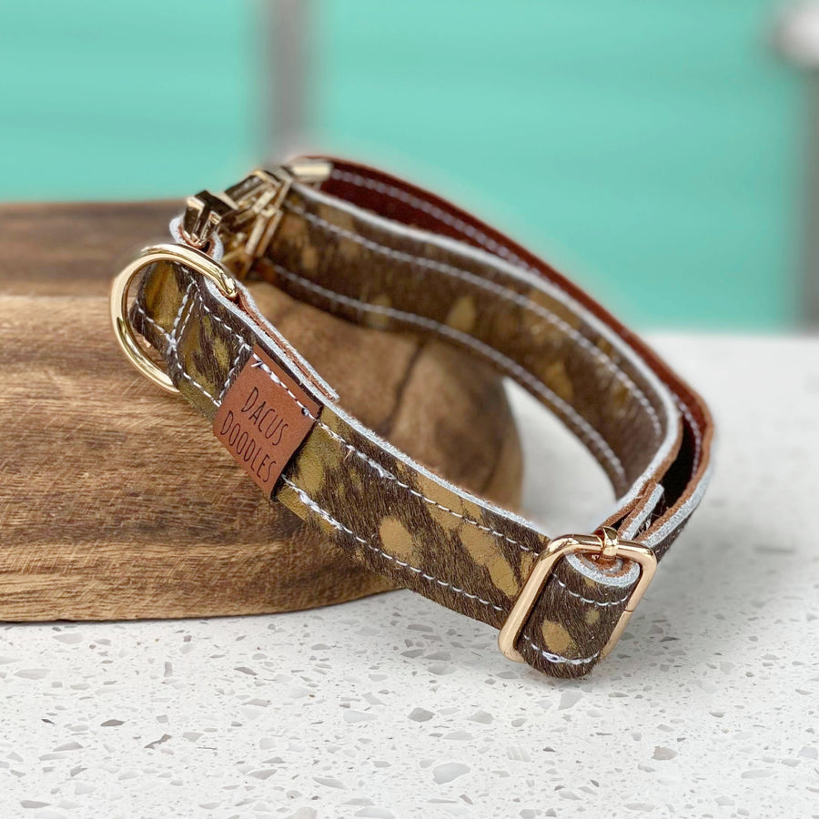 The Tex Brown Gold Cowhide Leather Dog Collar