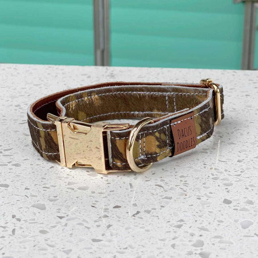 The Tex Brown Gold Cowhide Leather Dog Collar