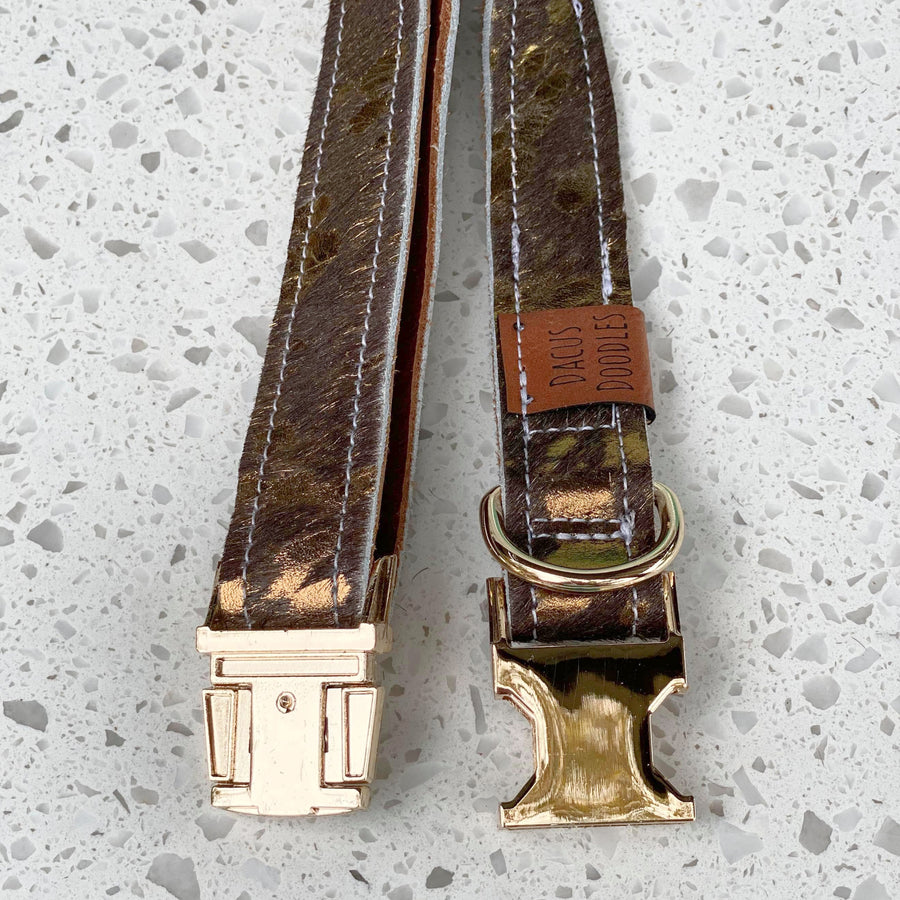 The Tex Brown Gold Cowhide Leather Dog Collar