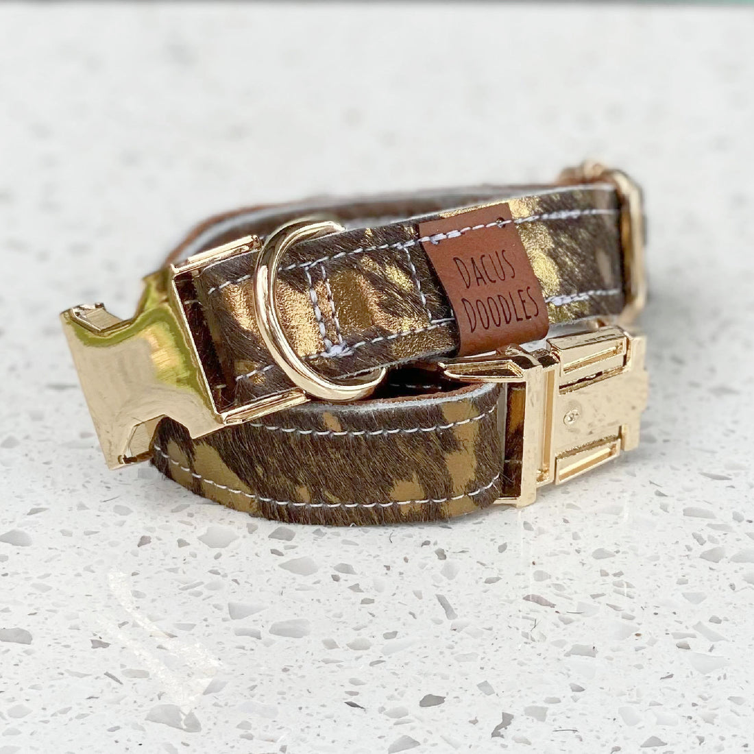 The Tex Brown Gold Cowhide Leather Dog Collar