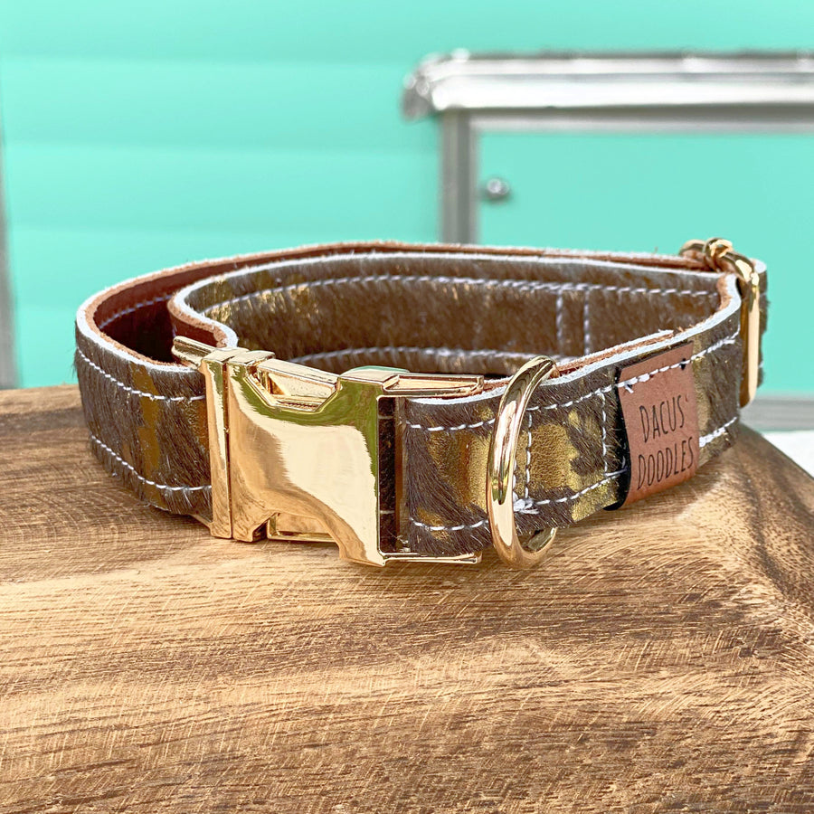 The Tex Brown Gold Cowhide Leather Dog Collar