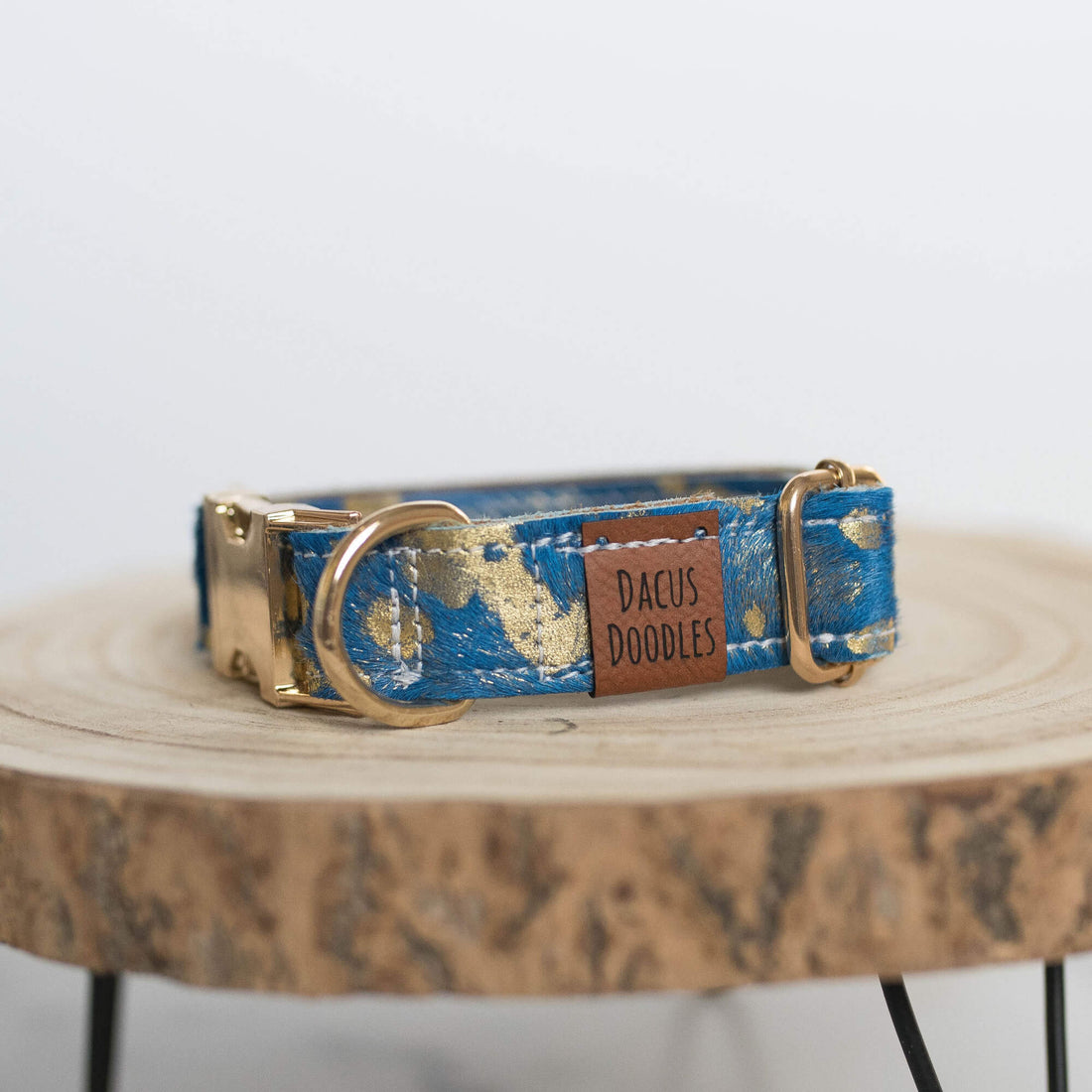 Luna Cowhide Blue and Gold Collar and Leash - Dacus Doodles