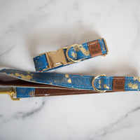 The Luna Blue and Gold Cowhide Dog Collar and Leash Gift Set