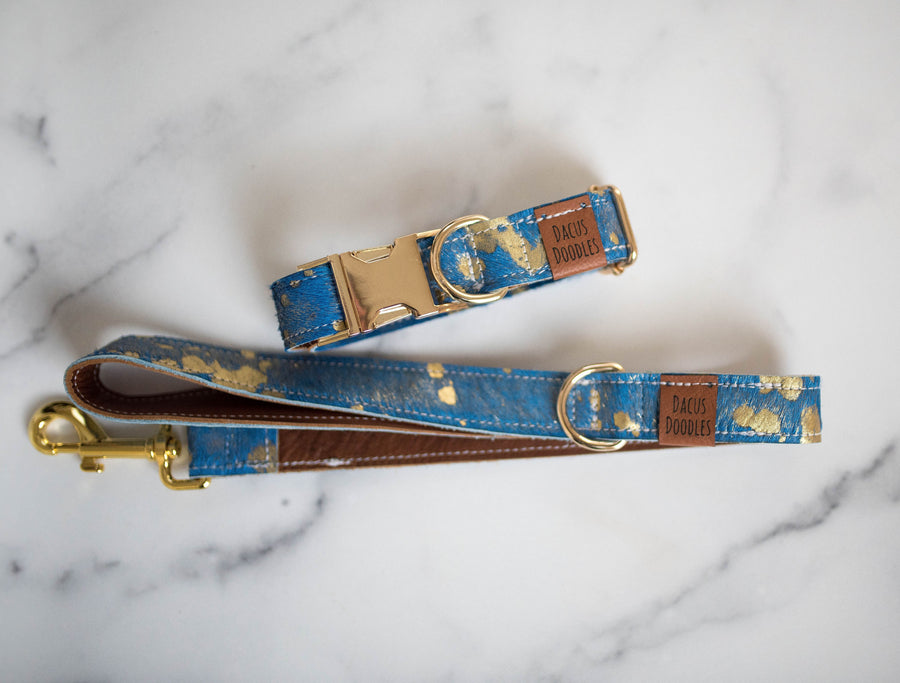 The Luna Blue and Gold Cowhide Dog Collar and Leash Gift Set