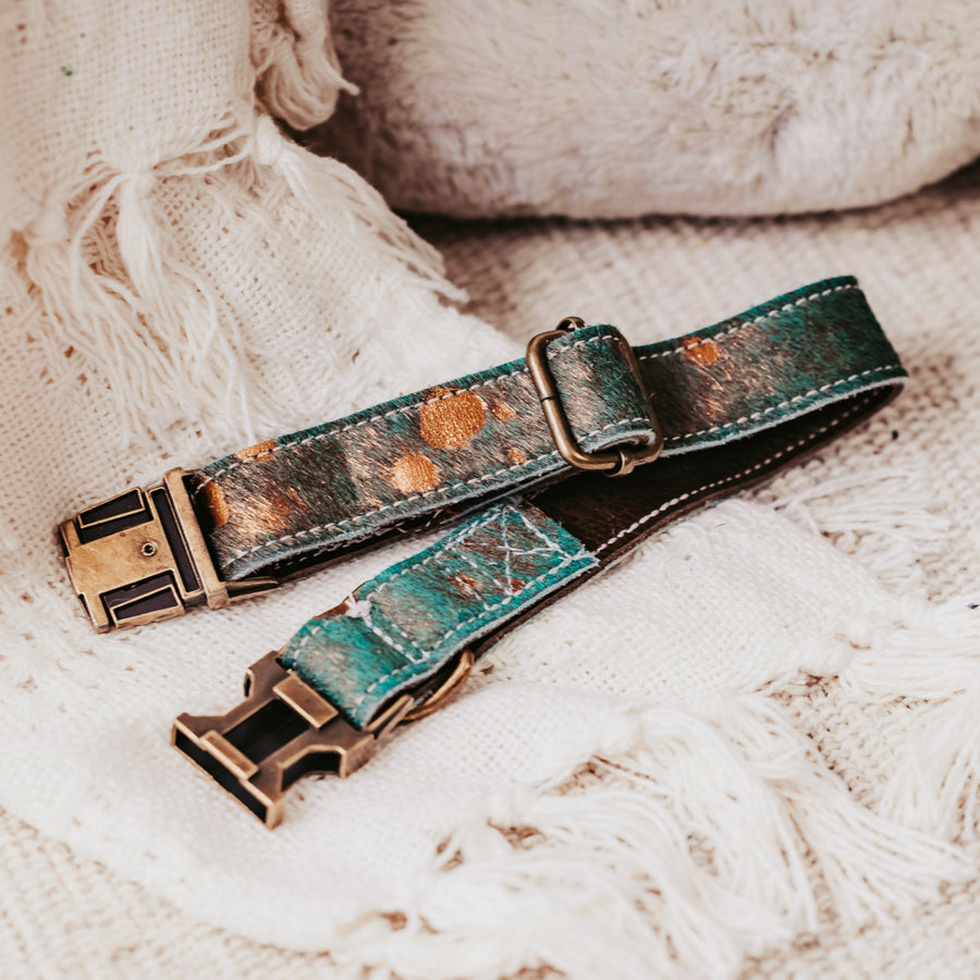 green leather pet collar made by dacus doodles