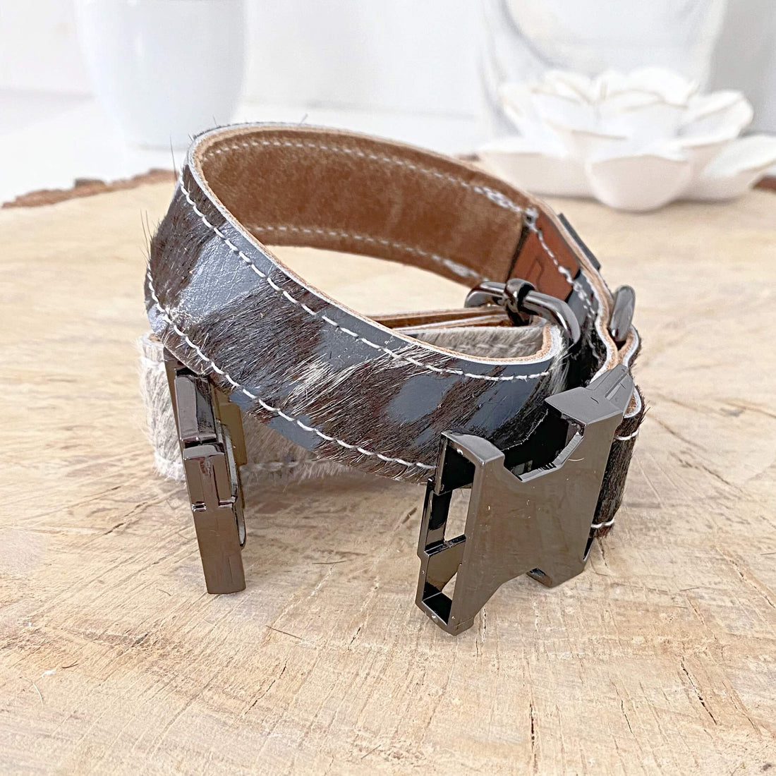 grey and black leather dog collar made by dacus doodles